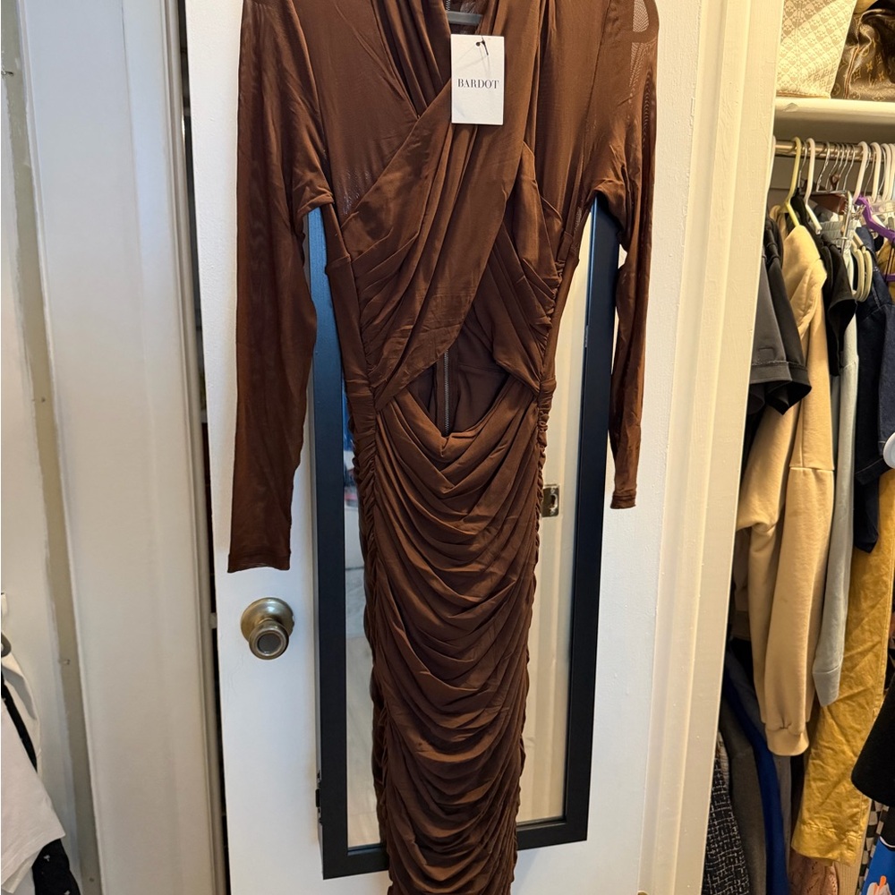 Bardot Brown Ruched Long-Sleeve Wrap Dress